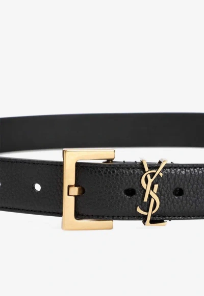Saint Laurent Cassandre Leather Belt In Black