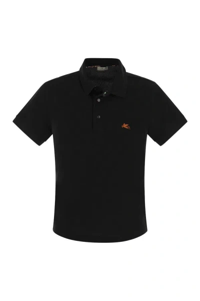 Shop Etro Piqué Polo Shirt With Pegasus In Black