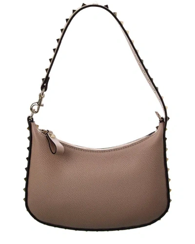 Shop Valentino Rockstud Mini Leather Hobo Bag In Beige