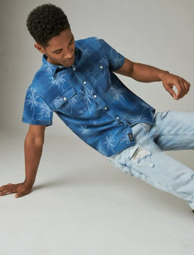 Shop Lucky Brand Men's Indigo Palm Print Workwear Short Sleeve Shirt In Blue