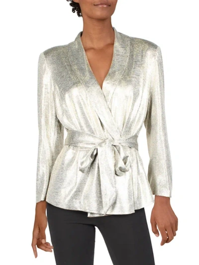 Shop Adrianna Papell Womens Metallic Long Sleeves Wrap Top In White
