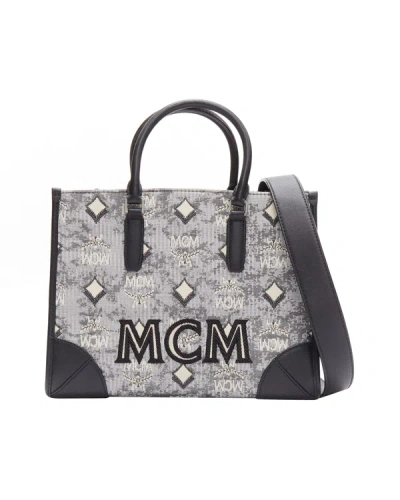Shop Mcm Grey Vintage Logo Jacquard Canvas Embroidery Small Tote Bag