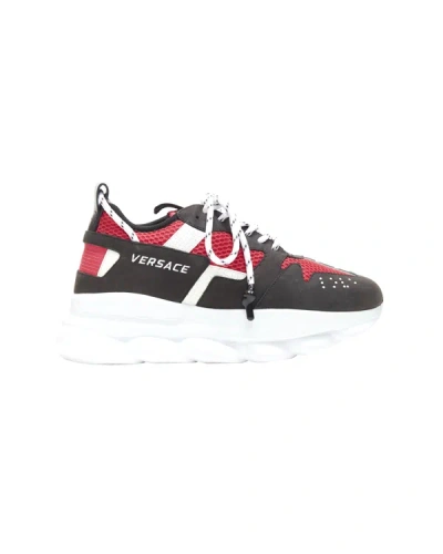 Shop Versace New  Chain Reaction Black Suede Fuschia Red Low Chunky Sneaker Eu37 Us7 In Grey