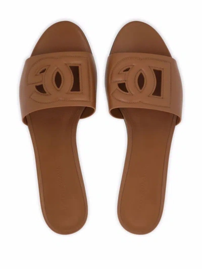 Shop Dolce & Gabbana Dg Logo Leather Slides In Leather Brown