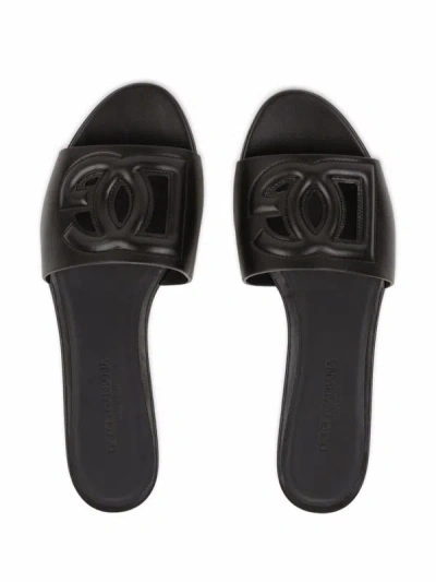 Shop Dolce & Gabbana Dg Logo Leather Slides In Black