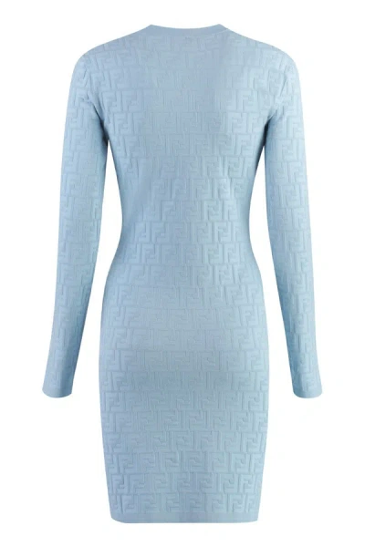 Shop Fendi Jacquard Knit Mini-dress In Blue