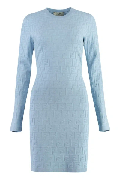 Shop Fendi Jacquard Knit Mini-dress In Blue