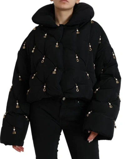 Shop Dolce & Gabbana Black Embellished Quilted Shell Bomber Jacket