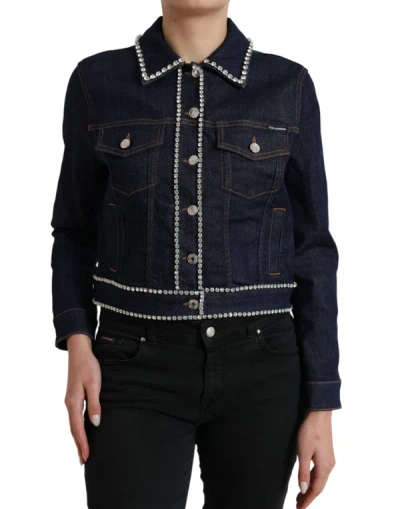 Shop Dolce & Gabbana Dark Blue Crystal Trimmed Cotton Denim Jacket