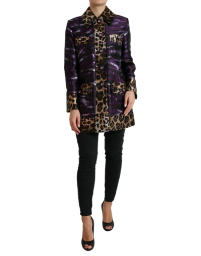 Shop Dolce & Gabbana Purple Lamé Jacquard Tiger Print Coat Jacket