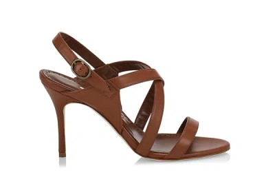 Shop Manolo Blahnik Women Singanu Strappy High Heels Leather Sandals Brown