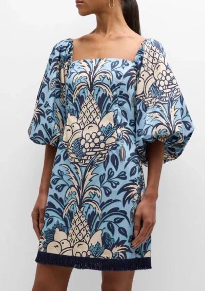 Shop Cara Cara Women's Montauk Dress, 100% Cotton Puff Sleeves Fruit Basket Mini Blue