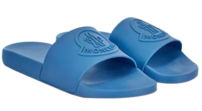 Shop Moncler Men's Footwear Basile Blue Tonal Logo Rubber Slides