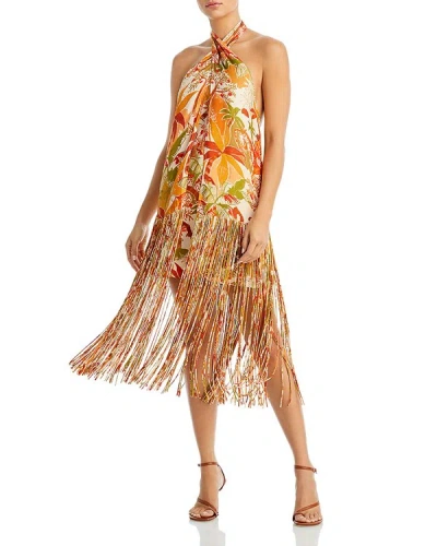 Shop Farm Rio Women Leopard Forest Sand Halter Neck Fringe Mini Dress Orange Print In Multi