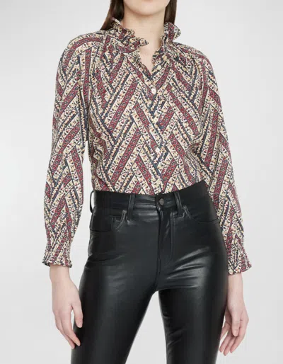 Veronica Beard Calisto Stripe Ruffle Neck Cotton Shirt In Multi