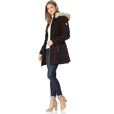 Laundry By Shelli Segal Black Cinch Waist Down Puffer Hooded Coat In Black