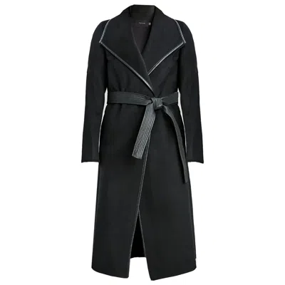 T Tahari Juliette Double Face Faux Leather Trim Belted Wool Coat Black In Black In Black