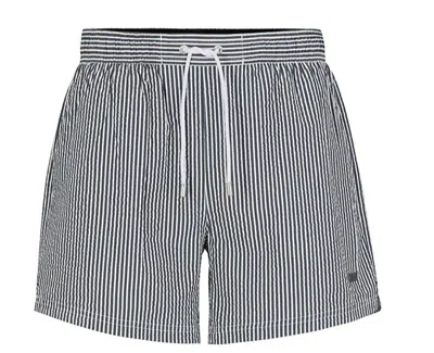 Hugo Boss Velvetfish Striped Seersucker Swim Trunks In Navy In Black