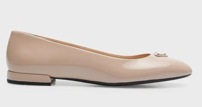 Shop Prada Women's Cipria Beige Nude Patent Leather Calfskin Logo Ballerina Flats Shoes