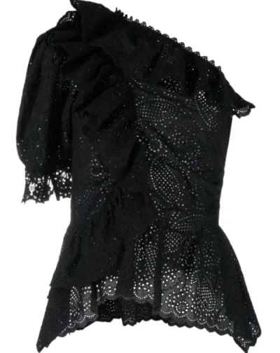 Shop Ulla Johnson Solid Black Julianna Lace One Shoulder Puffed Sleeve Peplum Blouse