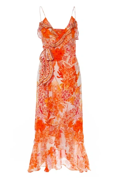 Shop Camilla Women's Long Wrap Dress With Frill, Dragon Mother, Orange, Print