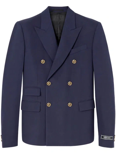 Shop Versace Double-breasted Blazer In Blue