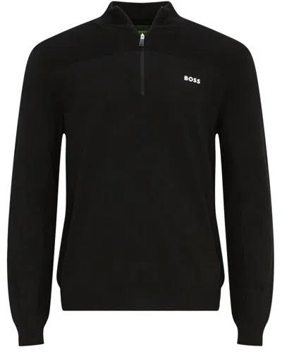 Hugo Boss Zip-neck Sweater In Stretch Fabric With Contrast Logo In Black