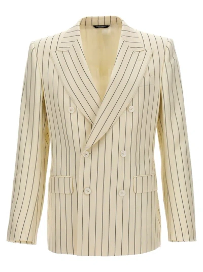 Shop Dolce & Gabbana Pinstriped Double-breasted Blazer White/black