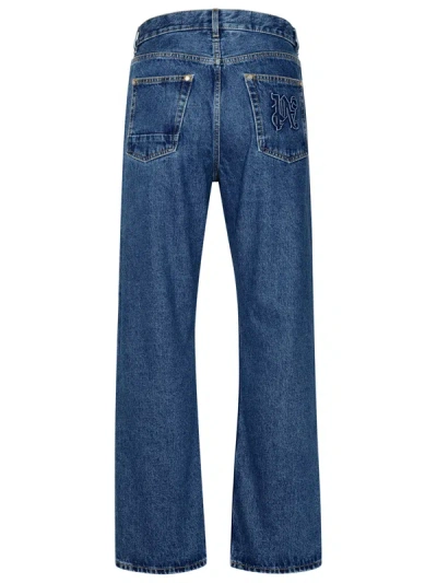 Palm Angels Monogram-embroidered Wide-leg Jeans In Blue