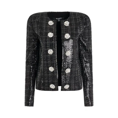Shop Balmain Jewellery Button Collarless Tweed Jacket