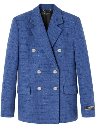 Shop Versace Double-breasted Lamé Blazer In Blue