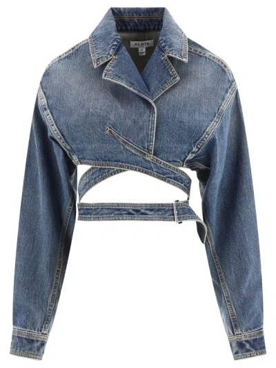 Shop Alaïa Denim Crossover Jacket In Blue