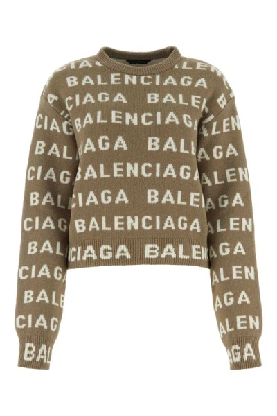 Shop Balenciaga Allover Logo Wool Cropped Sweater In Beige