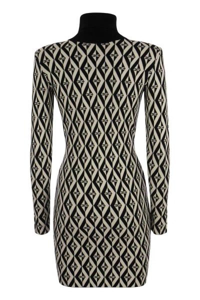 Shop Elisabetta Franchi Rhombus-patterned Knit Minidress In Black/butter
