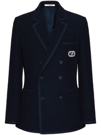 Shop Valentino Vlogo Wool Double-breasted Jacket In Blue