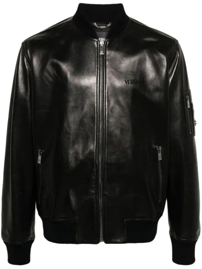 Shop Versace Blouson Solid Leather Embroidery Clothing In Black