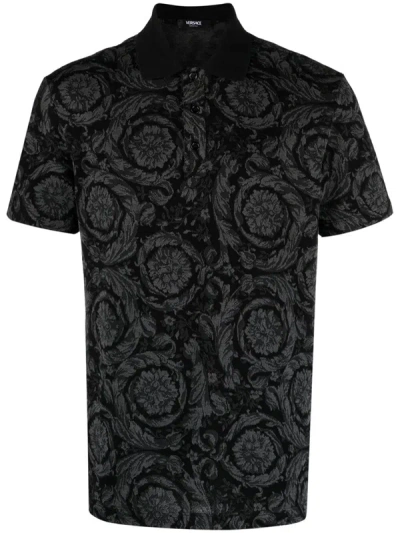 Shop Versace Polo Shirt With Jacquard Effect In Grey