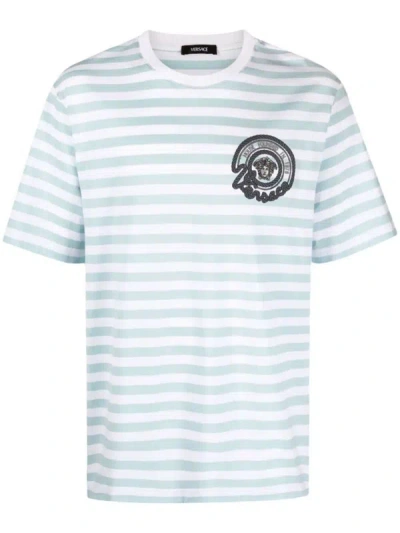 Shop Versace Striped Jersey Fabric T-shirt + Embroidered Nautical Emblem Clothing In White