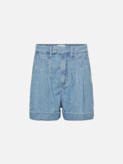 Shop Frame Pleated Wide Cuff Shorts Rhythm Denim In Blue