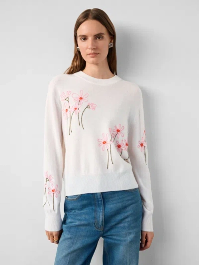 Shop White + Warren Cashmere Embroidered Crewneck Top In Soft White Combo