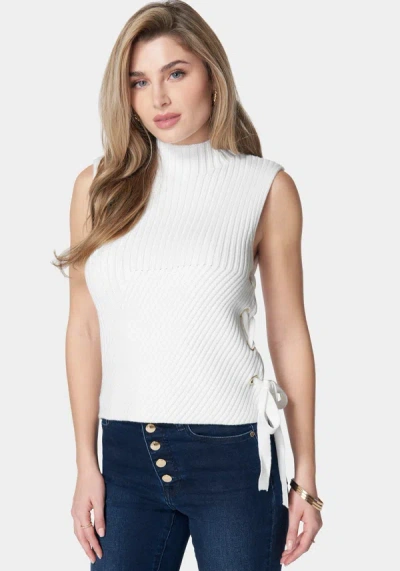 Shop Bebe Wool Blend Side Lace Up Sleeveless Sweater Top In White Alyssum