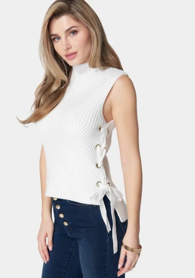 Bebe Wool Blend Side Lace Up Sleeveless Sweater Top In White Alyssum