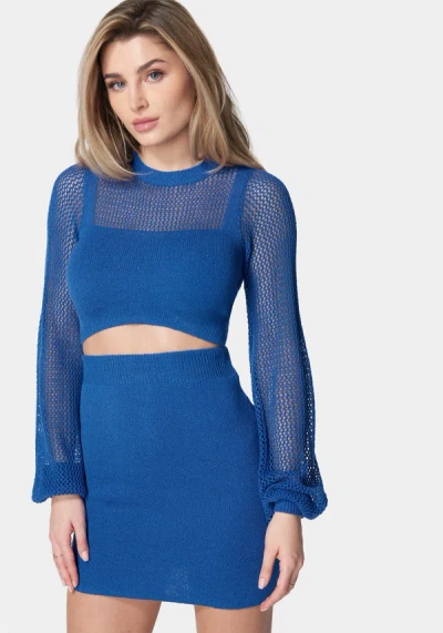 Bebe Open Knit Balloon Sleeve 2 Piece Sweater Set In Galactic Cobalt