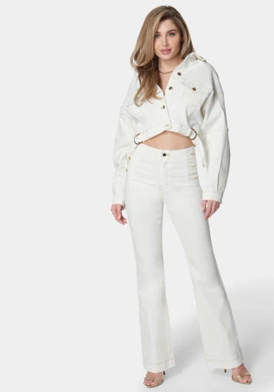 Bebe High Waist Flared Wide Leg Button Detail Jeans In Soft White Wash