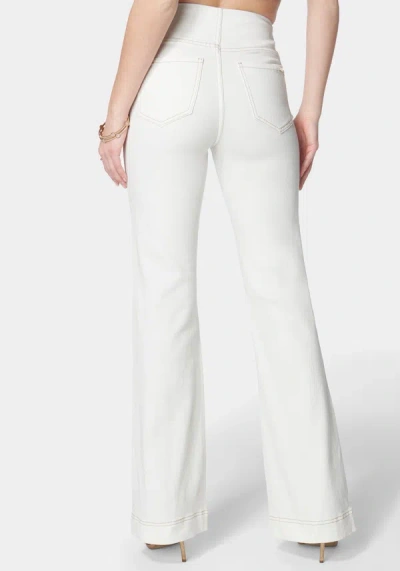 Bebe High Waist Flared Wide Leg Button Detail Jeans In Soft White Wash