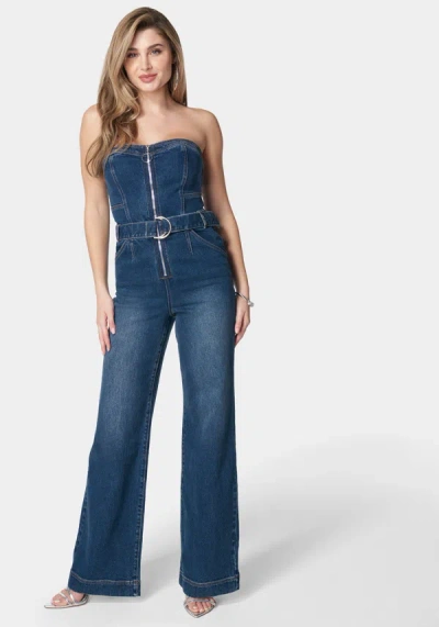 Bebe Front Zipper Wide Leg Denim Jumpsuit In True Blue Wash