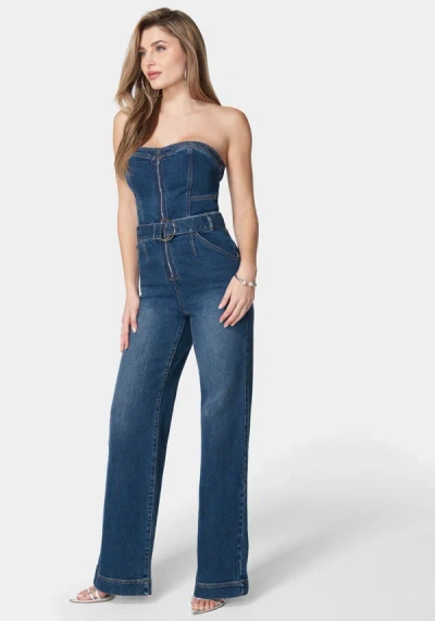 Bebe Front Zipper Wide Leg Denim Jumpsuit In True Blue Wash