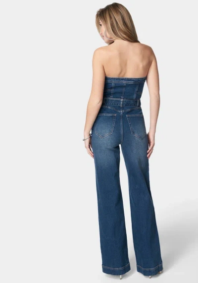 Bebe Front Zipper Wide Leg Denim Jumpsuit In True Blue Wash