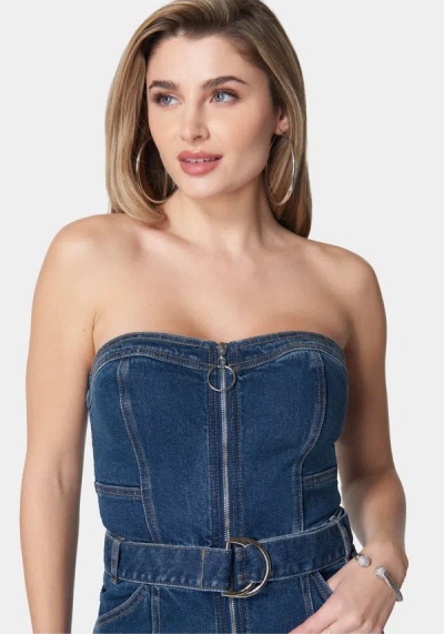 Bebe Front Zipper Wide Leg Denim Jumpsuit In True Blue Wash