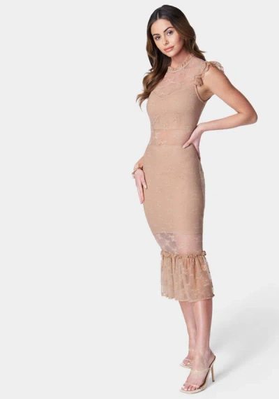 Bebe Illusion Lace Midi Dress In Nude